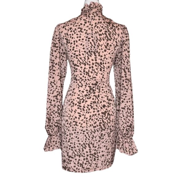 PrettyLittleThing Pink Brown Polka Dot Tie Neck Wrap Skirt Bodycon Dress Size 12 - Picture 4 of 12